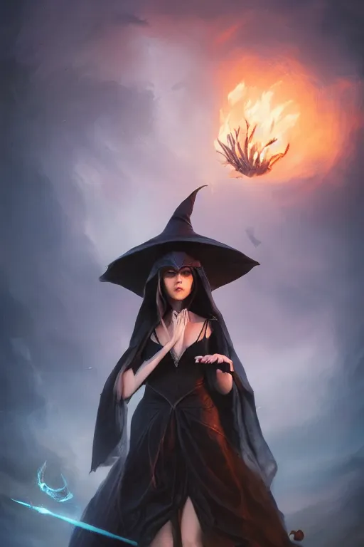 Image similar to a beautiful dark magician girl with a large witches hat that covers her face by Greg Rutkowski, Sung Choi, Mitchell Mohrhauser, Maciej Kuciara, Johnson Ting, Maxim Verehin, Peter Konig, final fantasy , mythical, 8k photorealistic, cinematic lighting, HD, high details, atmospheric,