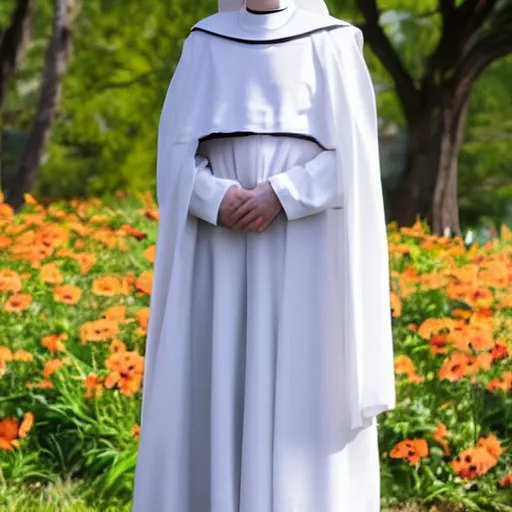 Image similar to A full body shot of Emma Stone dressed as a nun , catholic , high quality, fully detailed, 4k, inspired by handmaid's tale