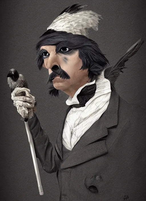 Image similar to an anthropomorphic raven dressed as edgar allen poe, detailed digital art, trending on artstation