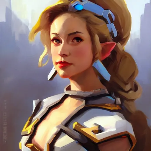 Image similar to greg manchess portrait painting of zelda as overwatch character, medium shot, asymmetrical, profile picture, organic painting, sunny day, matte painting, bold shapes, hard edges, street art, trending on artstation, by huang guangjian and gil elvgren and sachin teng