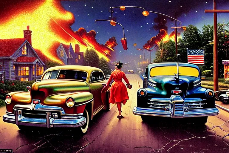 Prompt: in the style of norman rockwell, thomas kinkade, 1 9 4 8 desoto car, black, driving through a 1 9 5 0 s town that's on fire, during the purge, night time, elaborate, high saturation, heat haze, violence, people shooting at each other, people beating each other