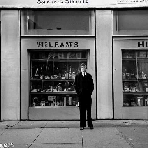 Prompt: analog medium format street photography portrait of a man in front of store window in new york, 1 9 6 0 s, highly detailed lifelike man portrait photograph, photographed on colour expired film