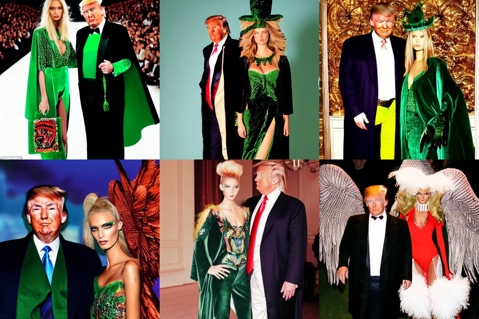 Prompt: photograph of Donald Trump standing next to a beautiful fashion model wearing a Green velvet cape with embroidered crow wings and flames photographed in the style of Mario Testino