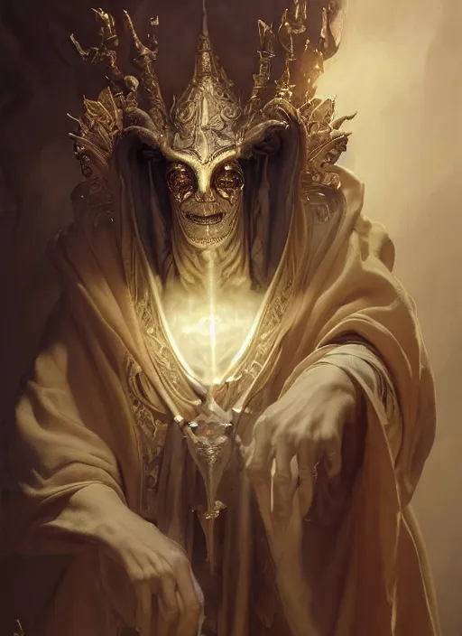 Image similar to slender high priest with dark and white and robe with golden elements, subsurface scattering, by jesper ejsing, justin gerard, tomasz alen kopera, cgsociety and fenghua zhong, highly detailed, rim light, cinematic lighting, illustration, art, octane render, very coherent, cinematic, hyper realism, high detail, octane render, 8 k