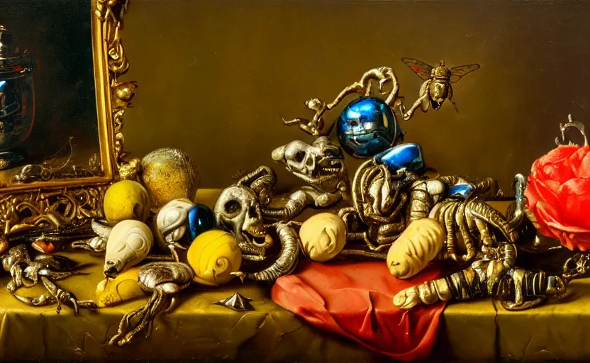 Image similar to disturbing colorful oil painting dutch golden age vanitas still life with bizarre objects strange gooey surfaces shiny metal bizarre insects rachel ruysch dali todd schorr very detailed perfect composition rule of thirds masterpiece canon 5 0 mm, cinematic lighting, photography, retro, film, kodachrome