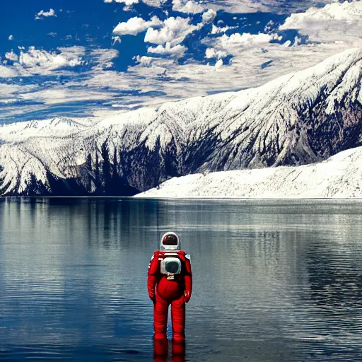 Image similar to an astronaut standing in the water of Lake Baikal and looking at the mountains
