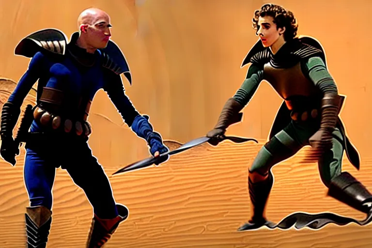 Prompt: a dagger-fight between bald_ominous_brooding_Austin_Butler_as_Feyd-Rautha_Harkonnen against Timothee_Chalamet_as_Paul_Atreides, in an arena fight-pit in movie Dune-2021, golden ratio, clear gaze, detailed eyes