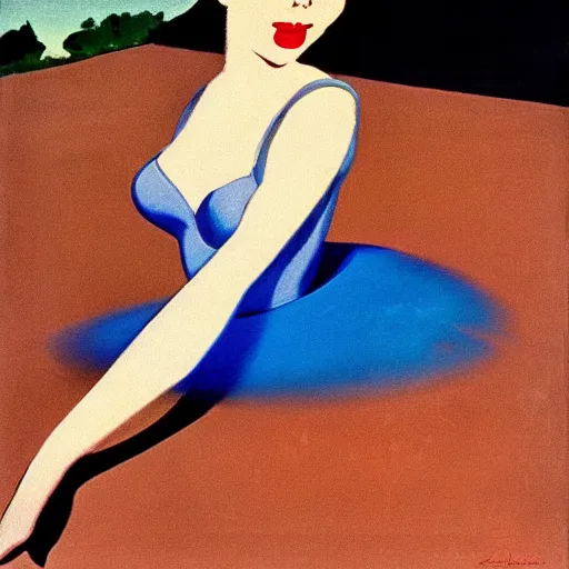 Prompt: a ballerina facing a blue portal on the street, which shows a beach at sunset, alberto vargas