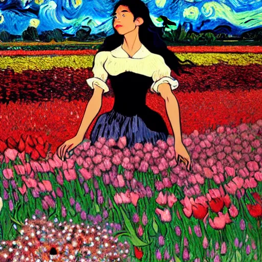 Image similar to beautiful dark skinned mexican woman, dancing in a field of tulips and baby's breath, prominent, rosy cheek bones, black hair and brown eyes, van gogh art style, art by hayao miyazaki, makoto shinkai