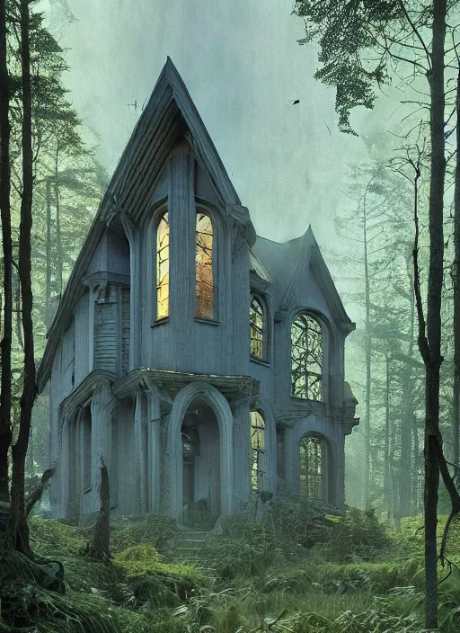 Image similar to hyper realistic witchy modern gothic house with mood lighting and tech in the woods gorgeous lighting, sunbeams blue sky, highly detailed, lush forest foliage painting by zdzisław beksinski and norman rockwell and greg rutkowski weta studio, and lucasfilm