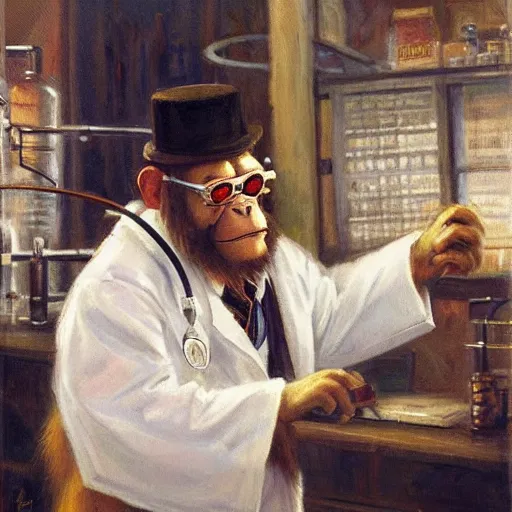 Image similar to portrait of a proud old monkey doctor working in a chemical lab, artwork by gaston bussiere, craig mullins, trending on artstation, monkey dressed as a scientist, using googles and wearing a doctor coat