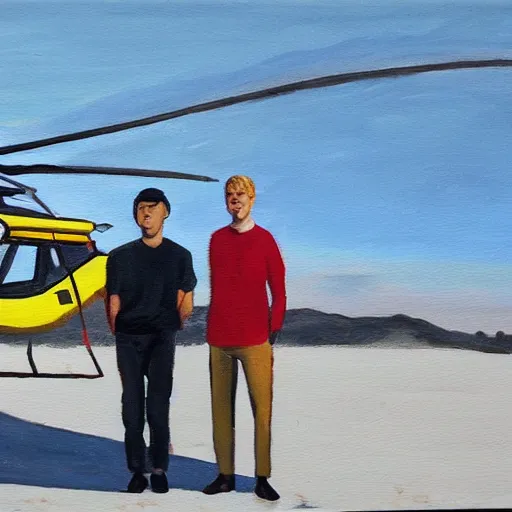 Image similar to painting of blonde swedish guy and tall korean guy in front or robinson helicopter