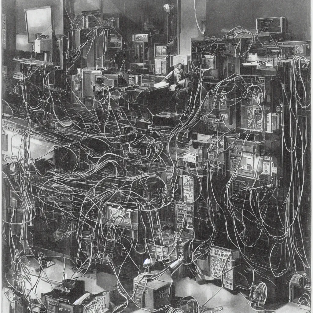 Prompt: An engraving of Max Ersnt in a datacenter, cables, pipes, oil, computers, 1929