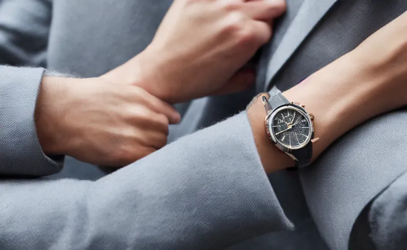 Image similar to omega speedmaster on the wrist of a lady with a wool suit