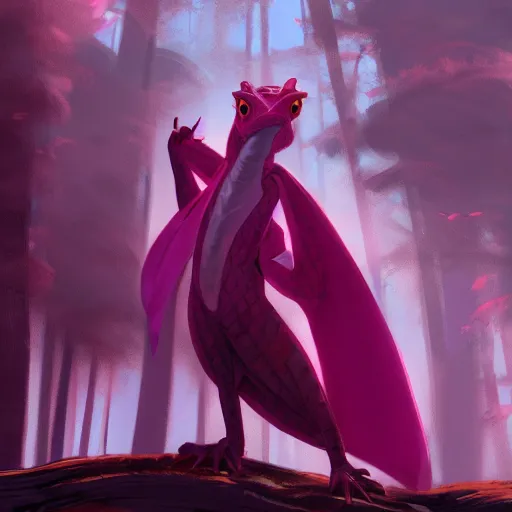 Image similar to concept art painting of an anthropomorphic lizard wearing magenta wizard robes, in the deep forest, realistic, detailed, cel shaded, in the style of makoto shinkai and greg rutkowski and james gurney