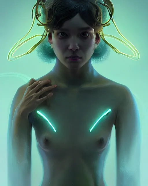 Image similar to one singular portrait of a cute bioluminescent creature, pulp scifi, highly detailed, digital painting, moody cinematic lighting, hyperrealism, dark retrowave, art by stanley lau and artgerm and magali villeneuve and alphonse mucha, artstation, octane render, cgsociety