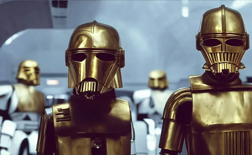Image similar to screenshot portrait of Luke Skywalker with a fleet of chrome C-3P0 droids, iconic scene from 1980s film by Stanley Kubrick, 4k, cinematic still frame, surreal sci fi architecture, portrait photoreal Mark Hammill, detailed face, moody lighting, anamorphic lenses, stunning cinematography, hyper detailed, sharp, 4k, HD