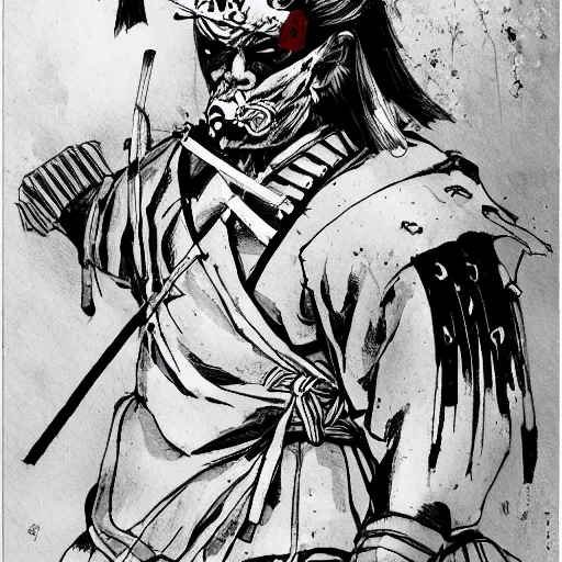 Prompt: bloody samurai with an oni mask standing in a battlefield, drawn by Takehiko Inoue, trending on artstation, 8k, black and white, manga