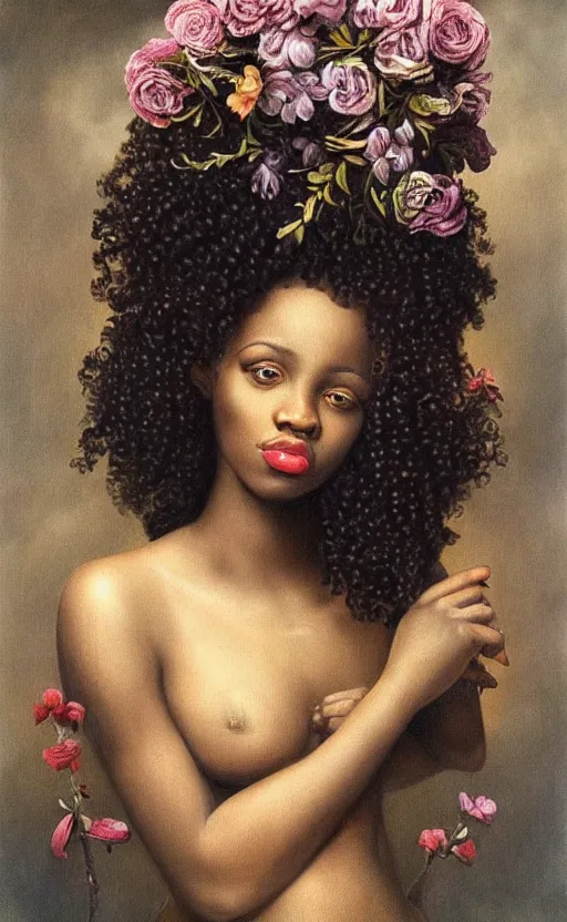 Prompt: surrealism, beautiful black woman with curly hair, holding flowers, hyper realism, muted colours, rococo, highly detailed, realistic, portrait