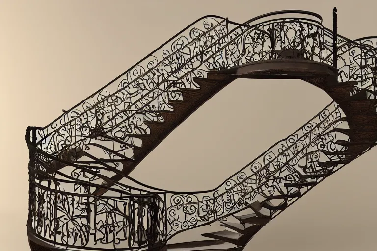 Prompt: wrought iron staircase, mc escher style, organic, art nouveau, 3d render