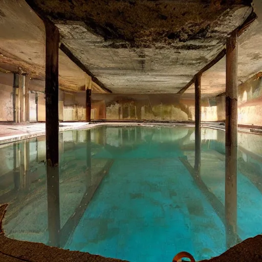 Prompt: abandoned underground hotel pool,