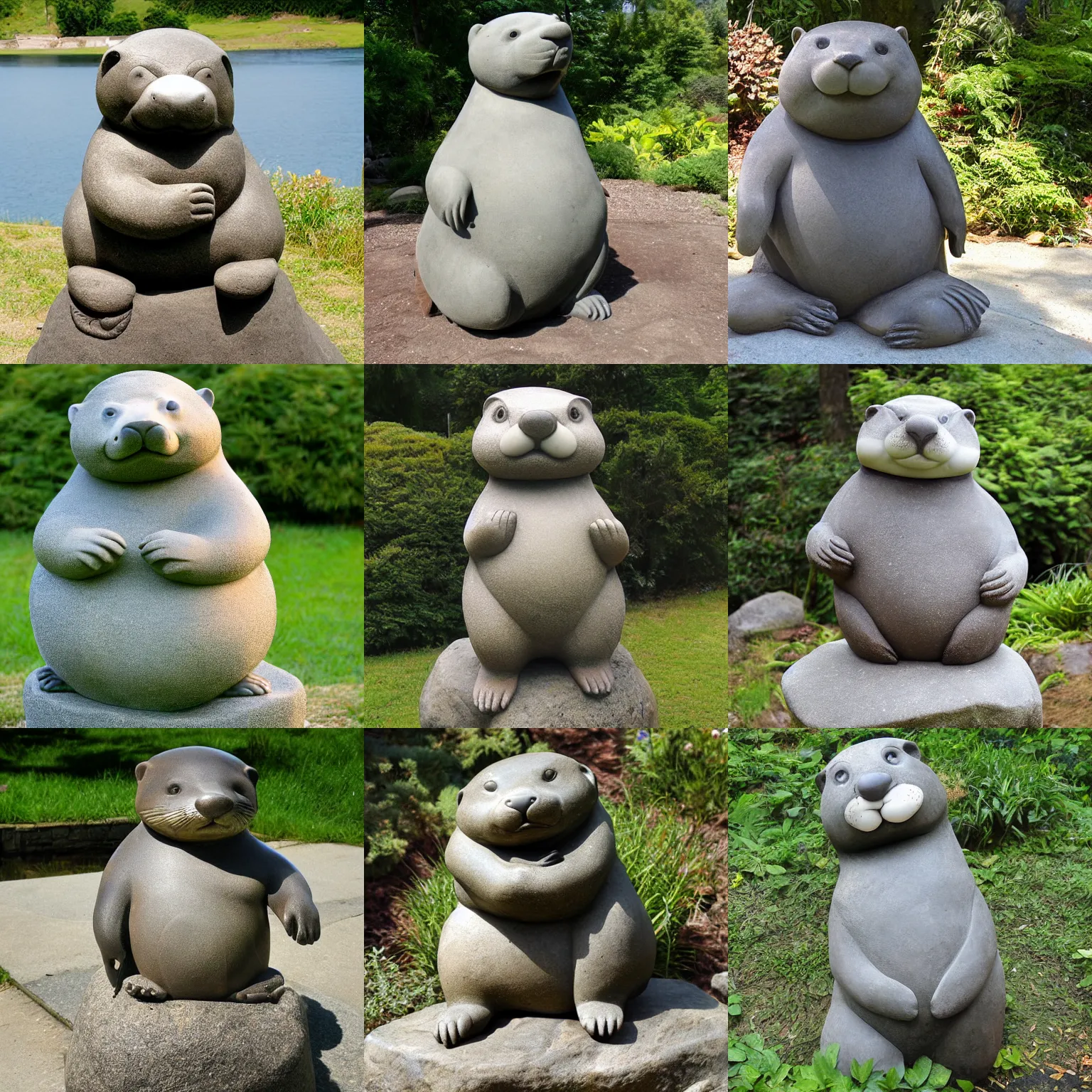 Prompt: a stone sculpture of a fat anthropomorphic otter wearing a backpack, animal - shaped statue, stone sculpture, otter explorer, photograph