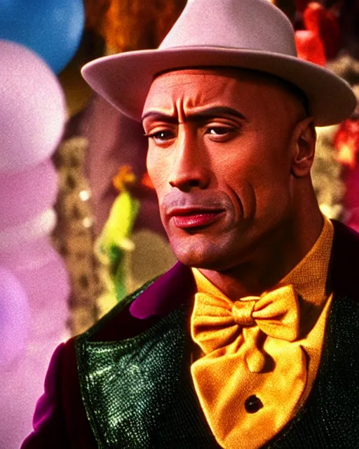 Image similar to Film still close-up shot of Dwayne Johnson as Willy Wonka from the movie Willy Wonka & The Chocolate Factory. Photographic, photography