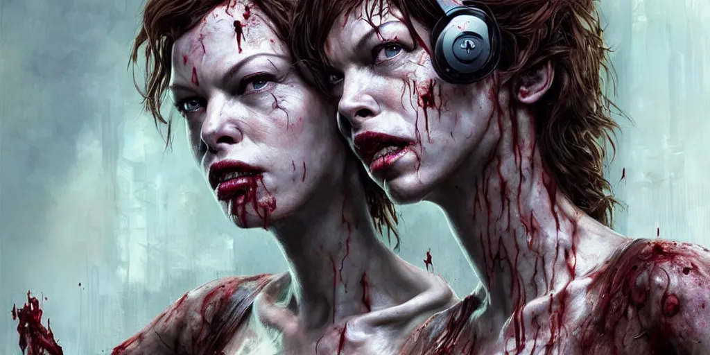 Prompt: cropped upper body photo : ( subject = luscious! milla jovovich! as a zombie wearing!! headphones!! + subject detail = futuristic, monster anatomy, dom qwek, john howe, highly detailed sculpture ) in the last of us, by stephen bliss, rhads, ferdinand knab, rossdraws, tom bagshaw, global illumination