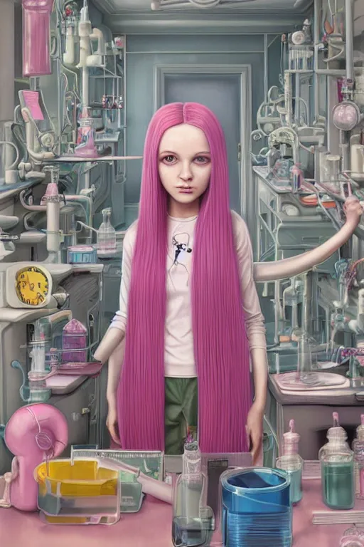 Image similar to highly detailed, industrial photograph profile photo of adult princess bubblegum from adventure time, detailed and intricate environment, working in her science lab, wearing lab coat, long bubblegum hair, long straight bangs, confident, beautiful, attractive, illustration concept art by nicoletta ceccoli, mark ryden, lostfish, 8 k resolution, hyperrealistic, octane render