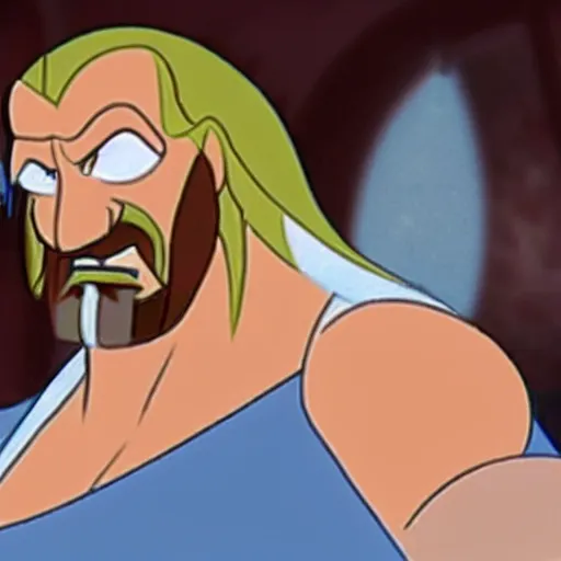 Prompt: Head-to-shoulder shot of Triple H as a Disney villain, traditional animation