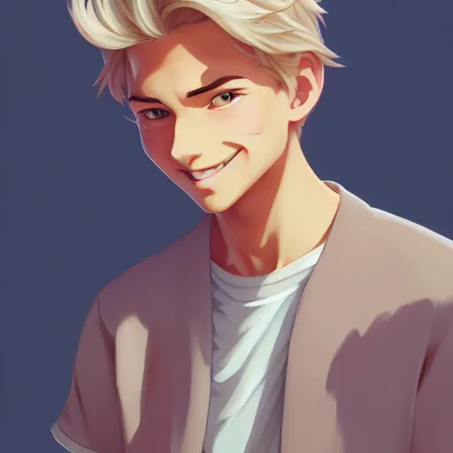 Image similar to young man with short, ash blond greyish hair, light brown eyes, casual clothes, relaxing, happy, path traced, highly detailed, high quality, digital painting, by don bluth and ross tran and studio ghibli and alphonse mucha, sylvain sarrailh
