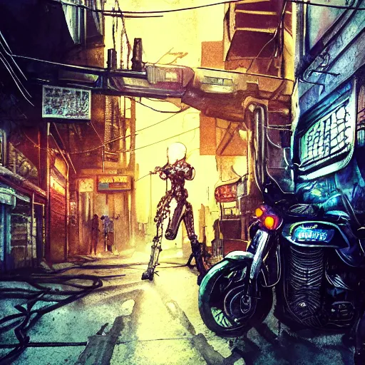 Prompt: a intricate robotic female is leaning on a motorcycle, in a grunge looking alley, wires hanging across windows, Motorbike Cyberpunk by ptitvinc female Blade Runner rogue , dusk, godrays over buildings, Nice colour scheme, soft warm colour. Studio Gibli. Beautiful detailed watercolor by Lurid. (2022)