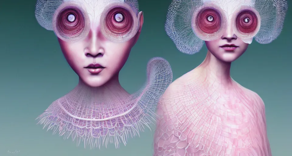 Image similar to closeup shot of asian female wearing a luminous soft fragile jelly fish dress, symmetrical face, by ray caesar, by louise dahl wolfe, by andrea kowch, by anna claren, surreal photography