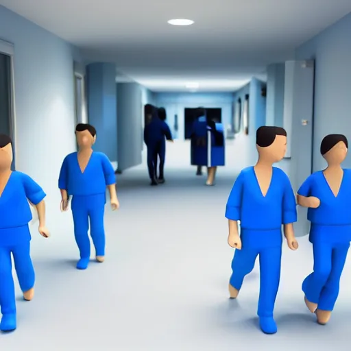 Image similar to generic people figures entering a hospital shaped like a plus sign, plastic materials, blue tones, 3 d, redshift, hydri, subsurface scattering, cgi, high quality render