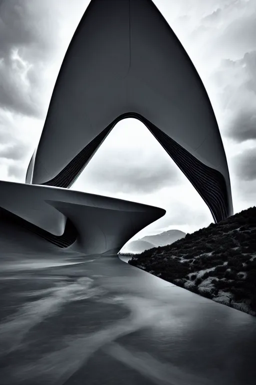 Prompt: a zaha hadid building in a stunning landscape by ansel adams, stormy weather, extreme detail photo quality, dark moody colors, featured on behance
