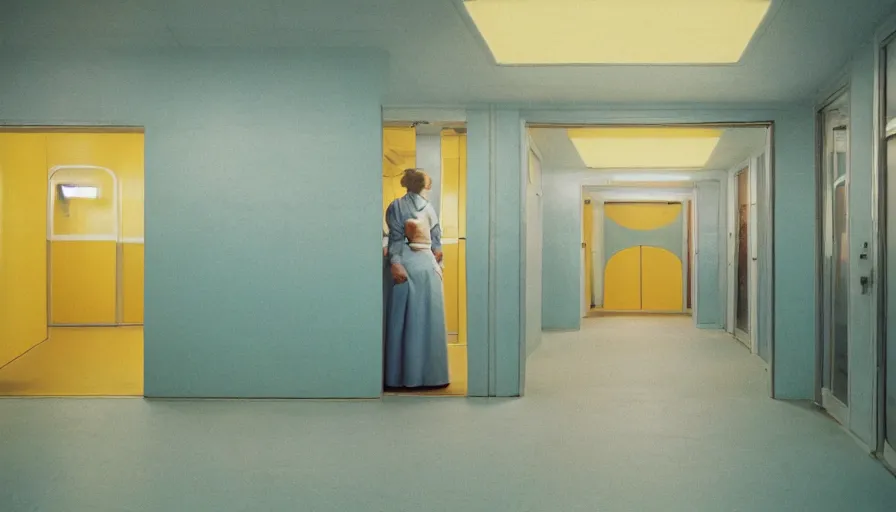 Prompt: 60s movie still of an empty sauna corridor fade yellow light and light blue tiles floor in the backrooms, random people , cinestill 800t 50mm eastmancolor, liminal Space style, heavy grain