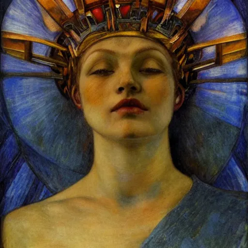 Image similar to the android in her iron crown after the storm, by Annie Swynnerton and Diego Rivera, symbolist, dramatic lighting, elaborate geometric ornament, Art Brut ,god rays, soft cool colors,smooth, sharp focus, extremely detailed, Adolf Wölfli