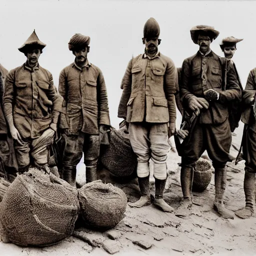 Image similar to ultra detailed photorealistic sepia - toned photo from 1 9 1 7, clean - shaven british soldiers standing with bedouin traders in traditional arab garb, at an archaeological dig site in wadi rum, ultra realistic, painted, intricate details, lovecraft, atmospheric, dark, horror, brooding, highly detailed, by clyde caldwell