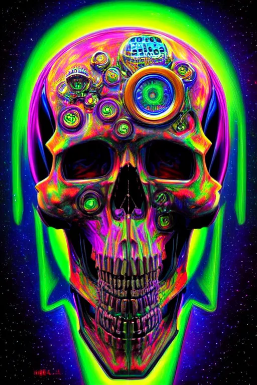 Image similar to maximalist detailed scifi robot skull portrait. lowbrow scifi artwork by kidsquidy and binx. ly. ray tracing hdr polished sharp in visionary psychedelic fineart style inspired by alex grey and cameron gray