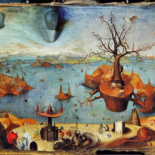 Image similar to and ian, mixed media fractive cosmic lagoon ash tree atomic bell, by h. p. lovecraft and pieter bruegel the elder, volumpled, 4 k flying impressionist island c