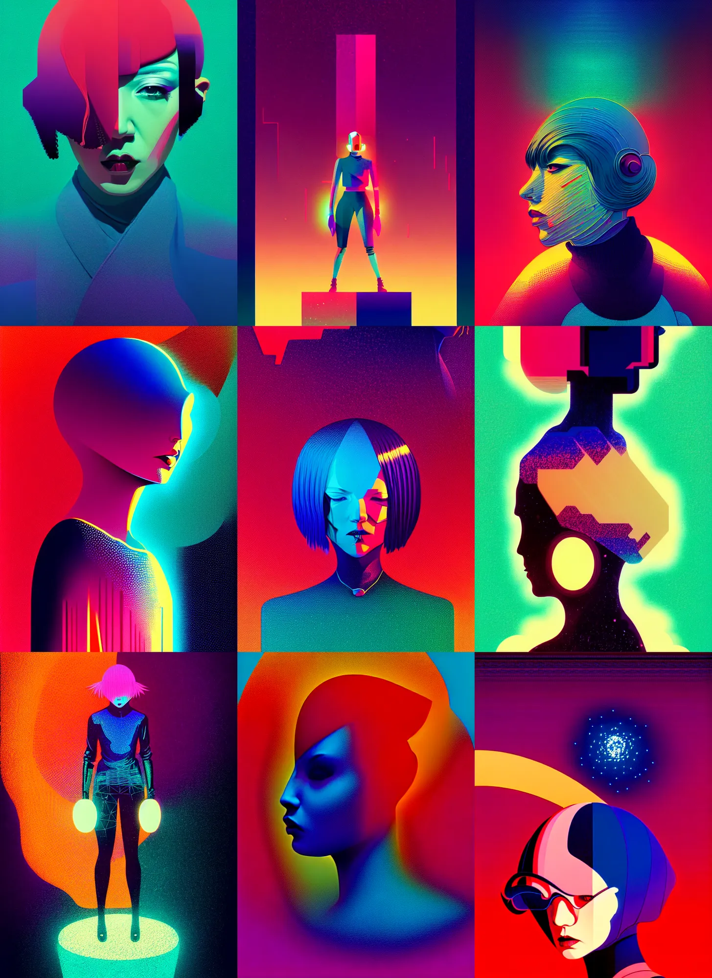 Prompt: ( ( dither ) ), editorial illustration portrait of reol, dynamic pose, modern art deco, colorful, ( ( mads berg ) ), christopher balaskas, victo ngai, rich grainy texture, detailed, dynamic composition, wide angle, moebius, matte print, nebula, ( ( glitch art pixel sorting ) )
