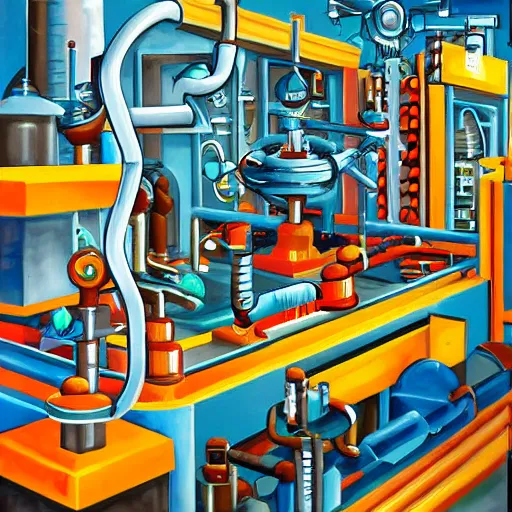 Image similar to a futuristic factory with pipes and robotic machinery make toys, in the style of salvador dahli, painting,