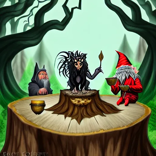 Image similar to fantasy illustration of a manticore at a tea party with a gnome wizard and and ogre knight of the realm. Setting is a forest. Table is a tree stump with a kettle on top