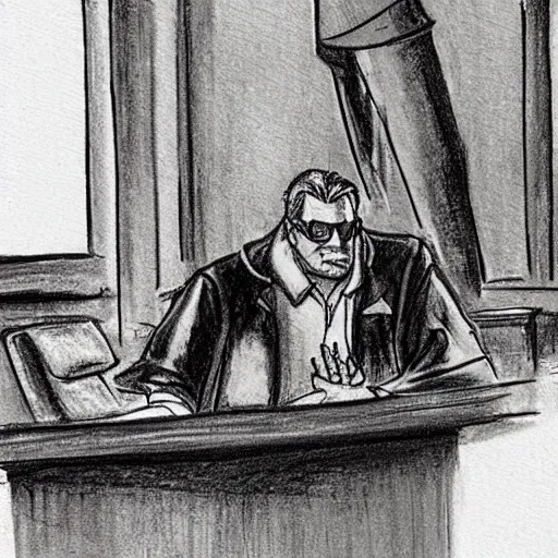 Prompt: courtroom sketch of duke nukem in court, court sketch, duke nukem, courtroom