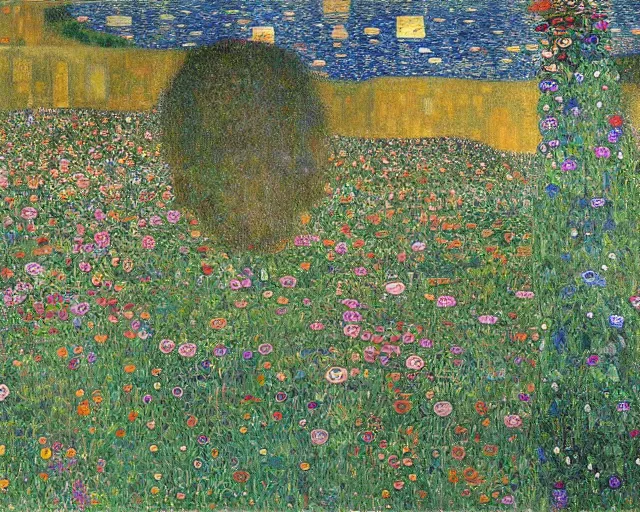 Image similar to painting of sprawling mountains, flower-covered, flowing river, landscape, Beautiful by Gustav Klimt