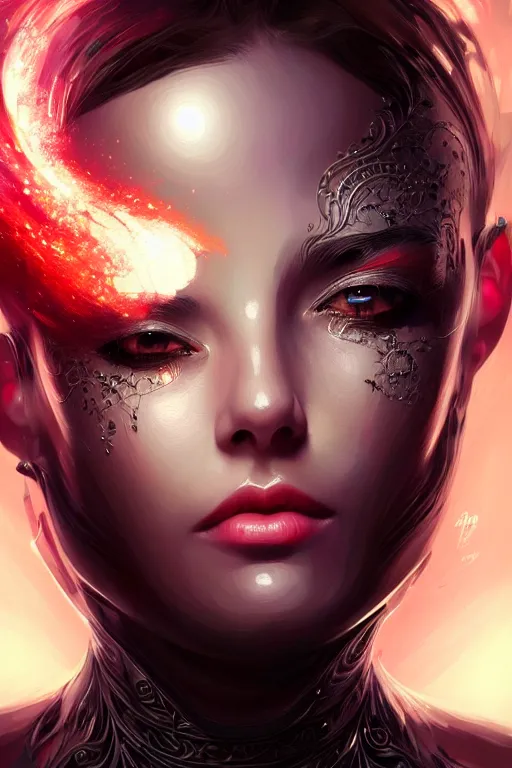 Prompt: beautiful female android in distress!, black shiny eyes, half portrait, background explosion, intricate detailed environment, floro details, intricate, elegant, highly detailed, digital painting, artstation, concept art, smooth, sharp focus, illustration, art by artgerm and brian sum