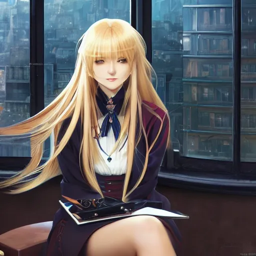 Image similar to blonde anime woman with long hair, wearing headmistress uniform, sophisticated young woman, ultraterrestrial woman, sitting in dean's office, ornate designs on desk, sharp details, subsurface scattering, intricate details, art by artgerm, greg rutkowski, hd wallpaper, 2 0 1 9 anime screenshot