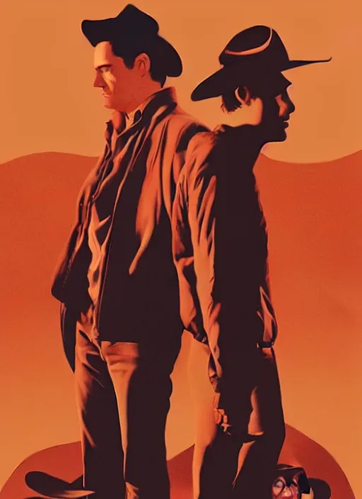 Image similar to poster artwork by Michael Whelan and Tomer Hanuka, Karol Bak of Naomi Watts & Jon Hamm husband & wife portrait, in the pose of Brokeback Mountain poster, from scene from Twin Peaks, clean, simple illustration, nostalgic, domestic, full of details