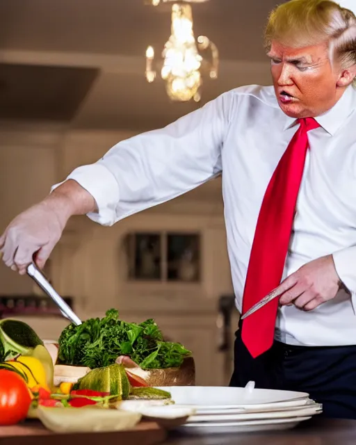 Image similar to wide shot photoshoot of donald trump preparing a meal, 8 k, photorealistic