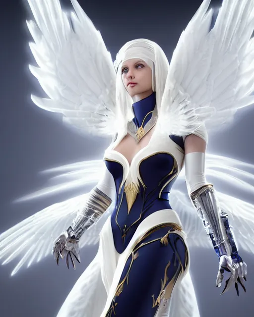 Image similar to perfect white haired attractive egyptian goddess with huge white dove wings, warframe armor, beautiful, symmetric, charlize theron, half asian, pretty face, blue eyes, detailed, scifi platform, laboratory, experiment, 4 k, ultra realistic, epic lighting, android body, illuminated, cinematic, masterpiece, art by akihito tsukushi, voidstar